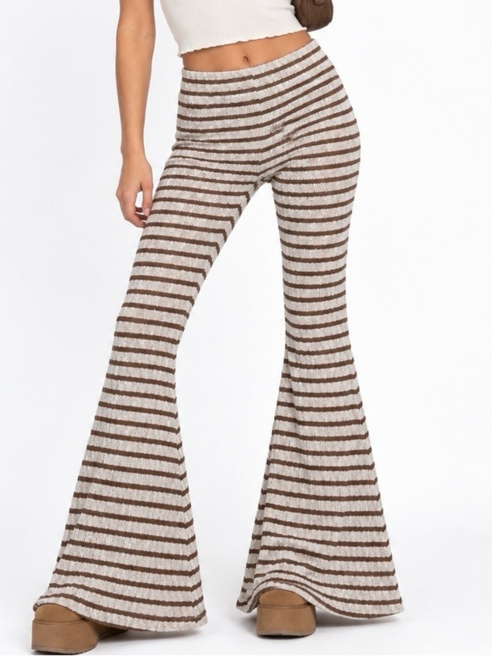 Show Me Your Mumu Brown White Striped Flare Pants Medium Y2K Boho
